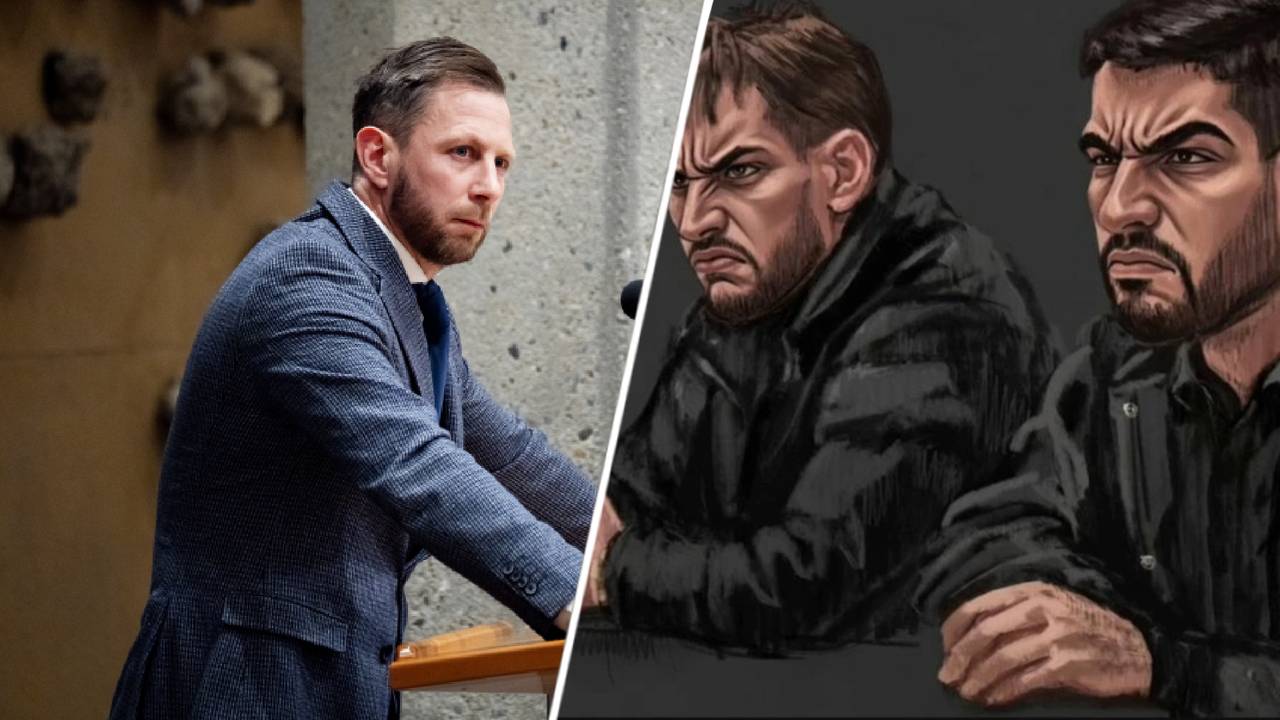 Maikel Boon (PVV) en de bewerkte rechtbank-tekening (foto links: ANP)