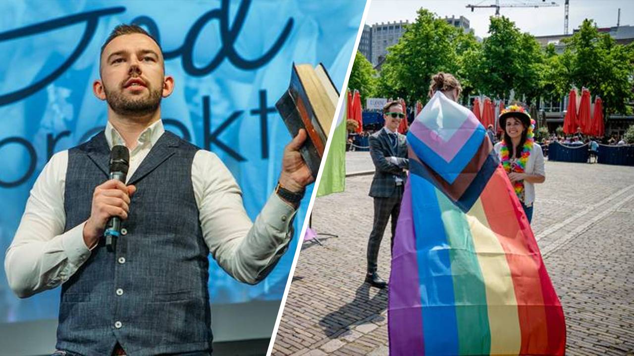 Links: Tom de Wal tijdens een van zijn diensten, rechts: een protest tegen homogenezing (Foto: Facebook Frontrunners Ministries/ANP, Bart Maat).