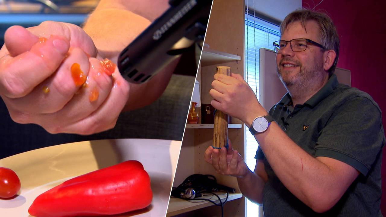 Links: Tijn knijpt een kleine tomaat plat om het geluid van een bloederige wond na te bootsen. Rechts: Tijn met een speciale stok die regengeluiden kan maken. (Foto: Omroep Brabant.