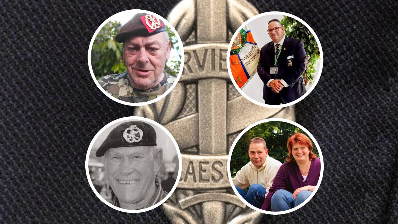 De insigne voor gewonde militairen. Van links naar rechts: Bert Huijberts , Erwin van Eijndhoven , Jo van Geenen, Sjon Scheerder met zijn vrouw (foto: privécollecties).