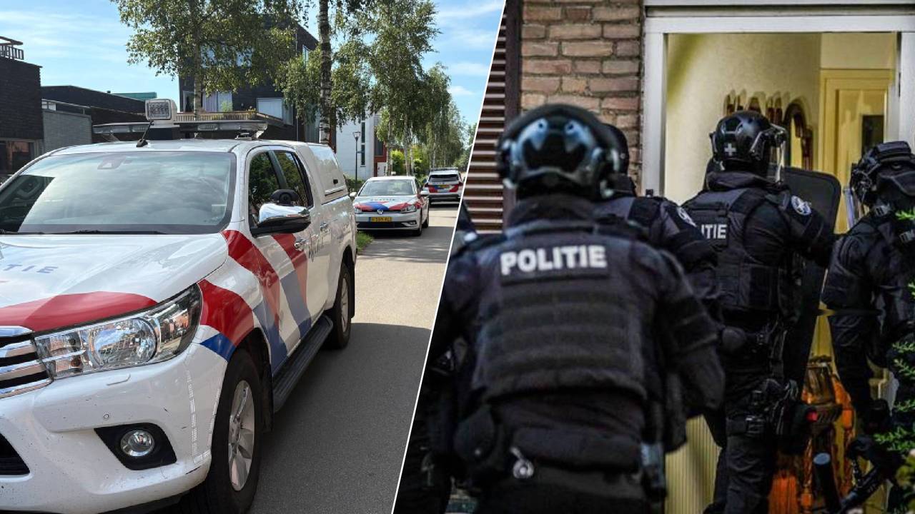 Links: Een derde inval werd gedaan bij een woning aan de Grasbloem. Rechts: Een inval eerder in de ochtend. (Foto: Ruud Ritzen /  SQ Vision.)