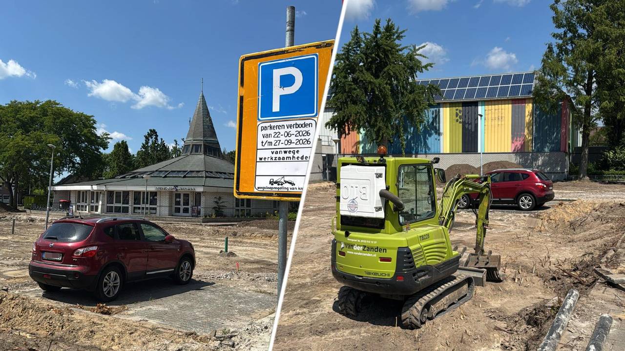 Een geparkeerde auto staat ingesloten door de wegwerkzaamheden aan de Dommelshei in Veldhoven (foto's: Wesley van Reijen).