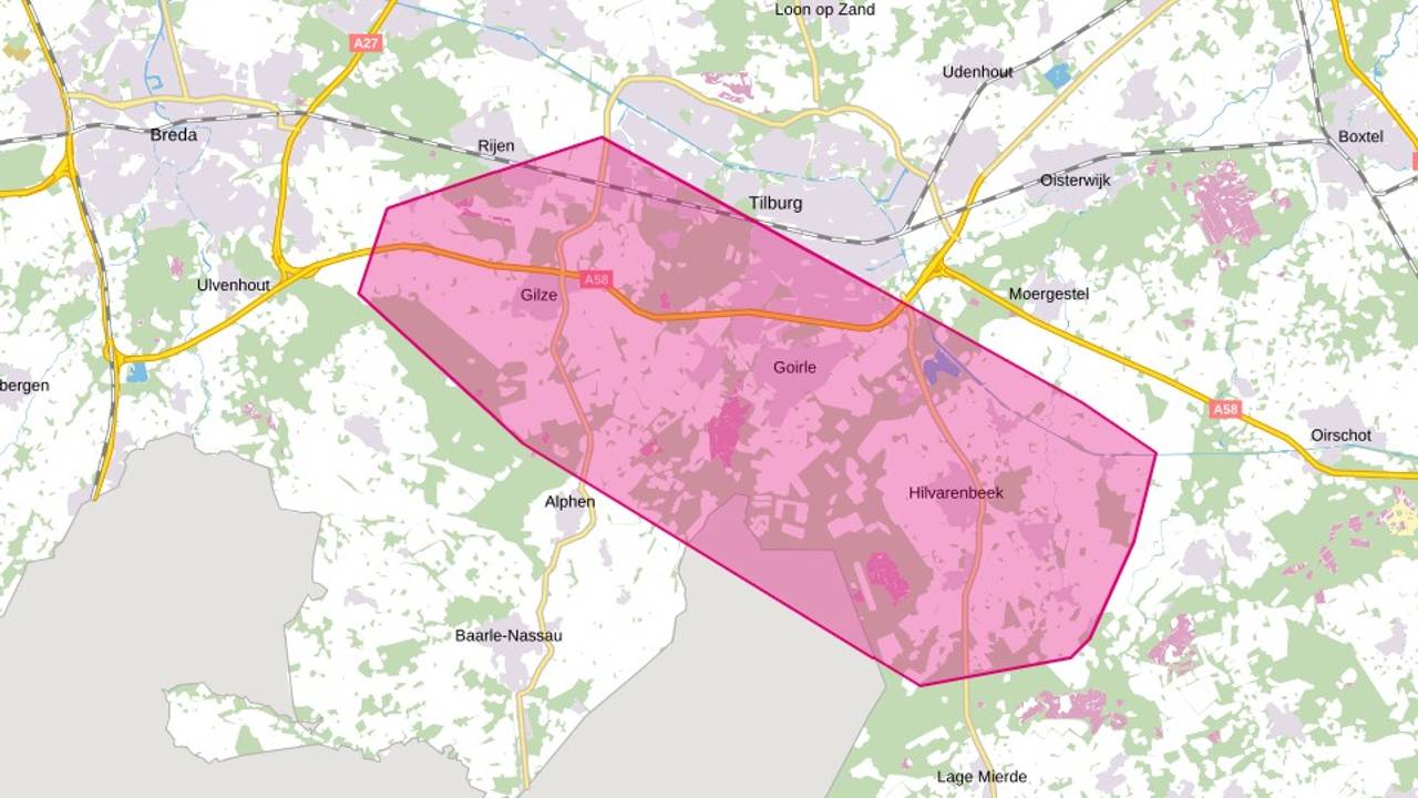 Het gebied waar de stroom is uitgevallen (foto: Enexis).