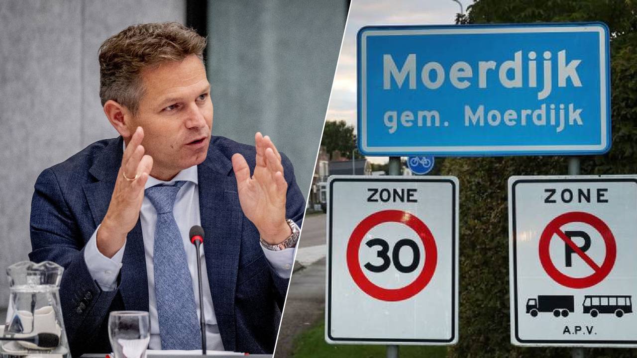 Links: Staatssecretaris Jo-Annes de Bat van Klimaat en Groene Groei. Rechts: plaatsnaambord van Moerdijk (foto's: ANP).