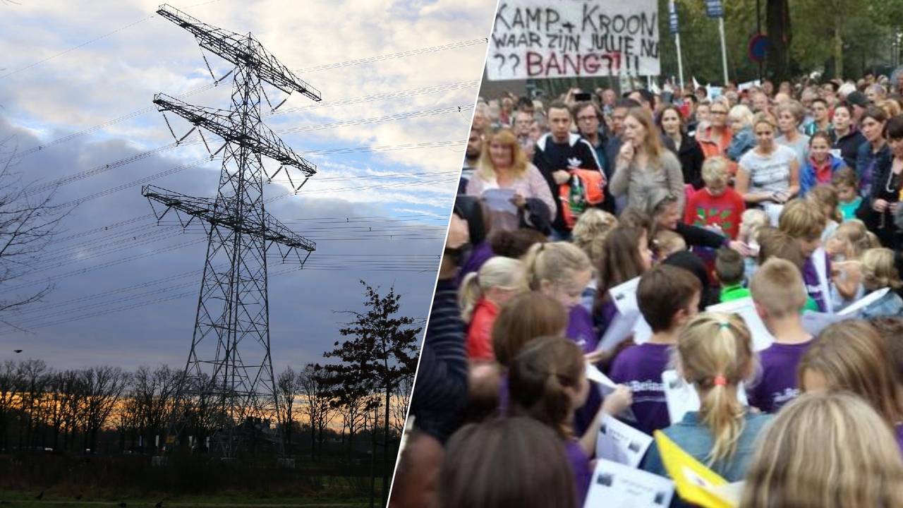 Links: een hoogspanningsmast ter illustratie. Rechts: een protest bij een informatiebijeenkomst in Oosterhout in 2014 tegen een trajectvoorstel van TenneT (foto's: Omroep Brabant).
