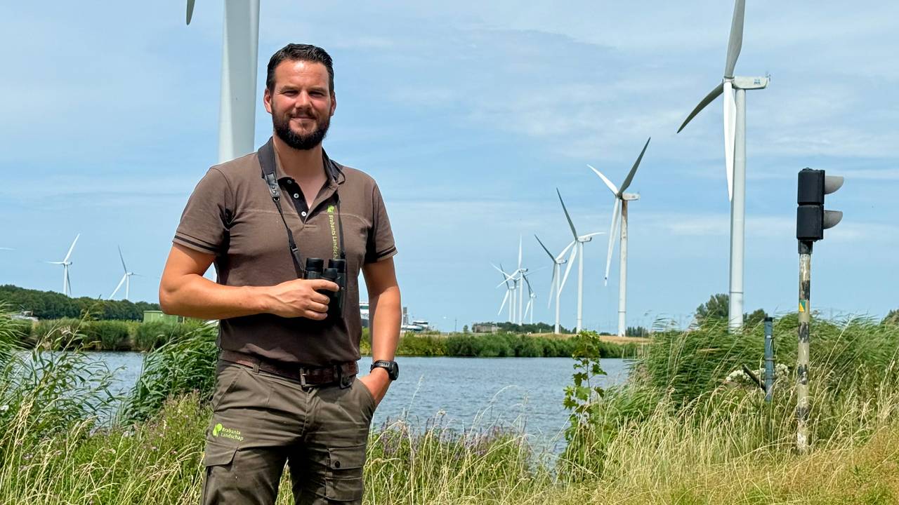Boswachter Erik de Jonge bij de windturbines die zijn stil gelegd (foto: Erik Peeters)