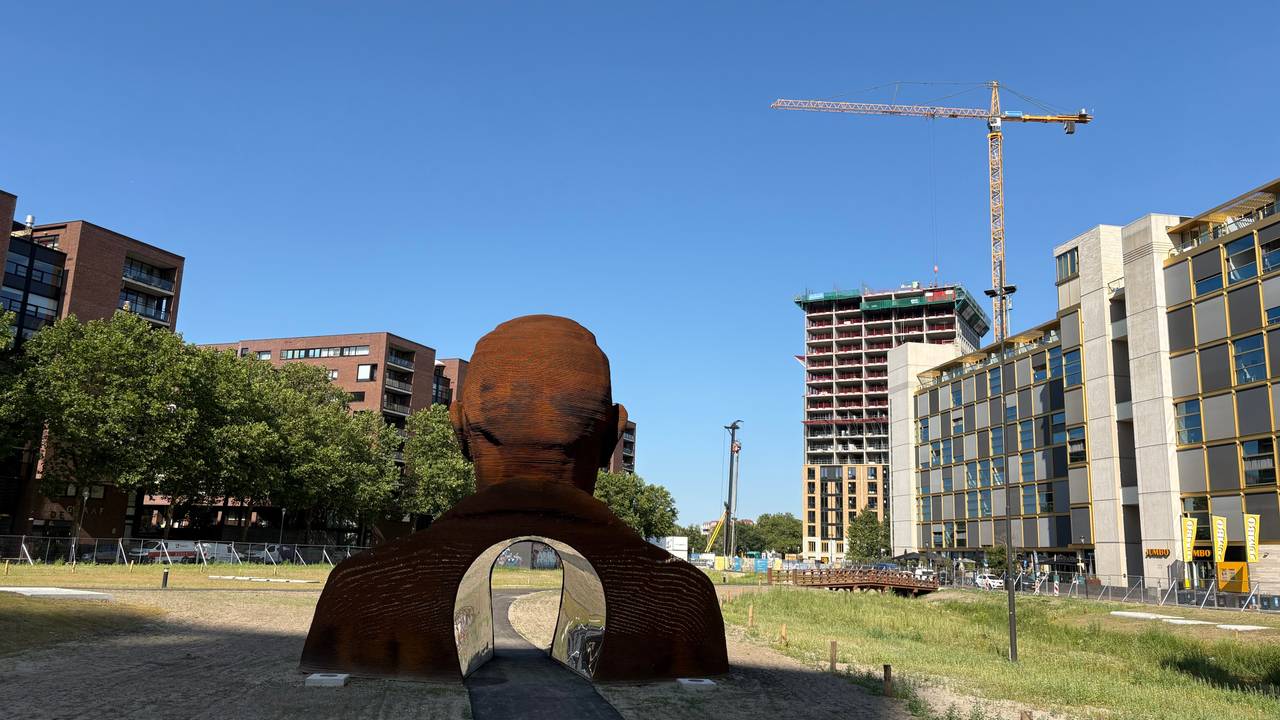 De kraan vanuit het Victoriapark met in de voorgrond het beeld van Gerard Philips (foto: Ruud Ritzen).