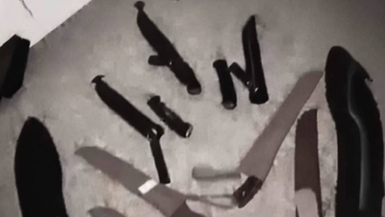 De steekwapens die de verdachte liet zien bij de dreigementen (foto: Instagram politie_den_bosch).