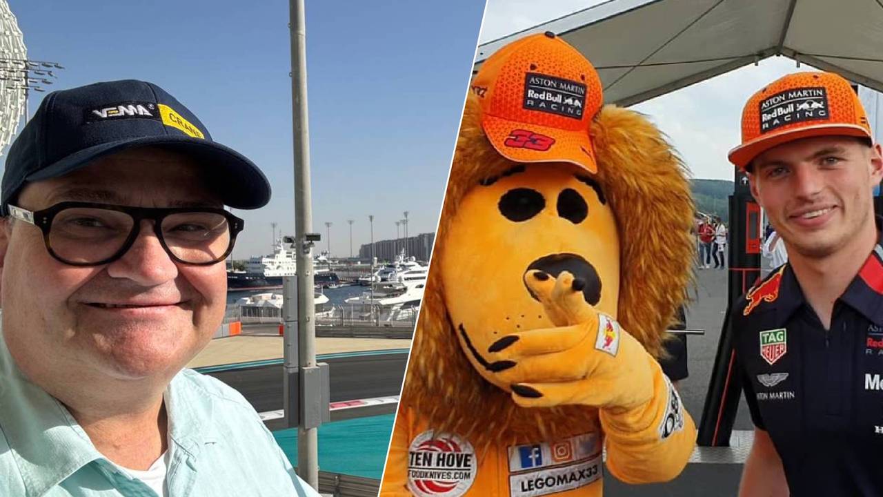 Bas (links) en Nardje in zijn leeuwenpak met Max Verstappen (foto's: Bas van Bodegraven en Nardje Berk).