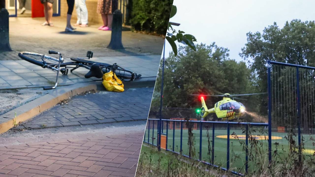 Links: De fiets na de aanrijding. Rechts: De traumahelikopter landt op een grasveldje in de buurt. (Foto: Addy Smits / Persbureau Heitink.)