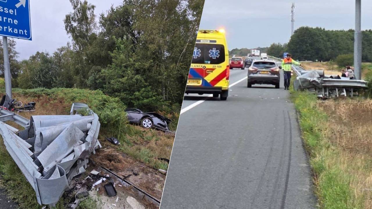 Links: De auto botste met hoge snelheid op de kop van de vangrail. Recht: De remsporen op het wegdek van de vluchtstrook. (Foto: politie_deurne / Instagram.)