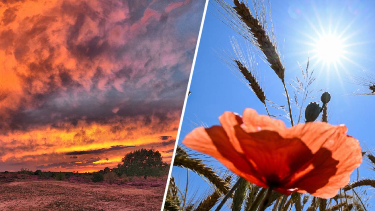 De lucht kleurde vrijdagavond rood, en de zon laat zich de komende dagen flink zien (foto:'s Erik van Asten en ANP).