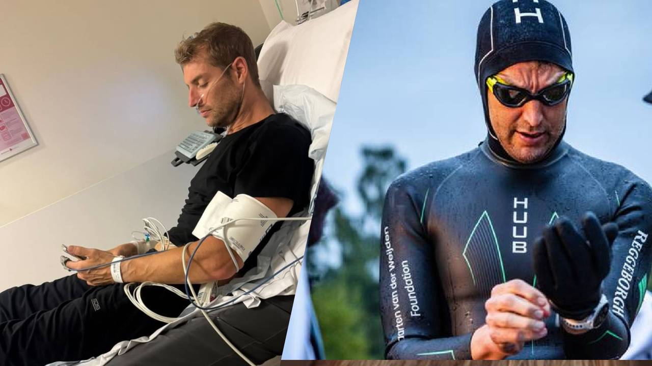 Links: Van der Weijden deelt beelden van zijn ziekenhuisopname. Rechts: De zwememr tijdens zijn monstertocht van 270 kilometer in augustus. (Foto: Instagram / maartenvanderweijden / ANP.)