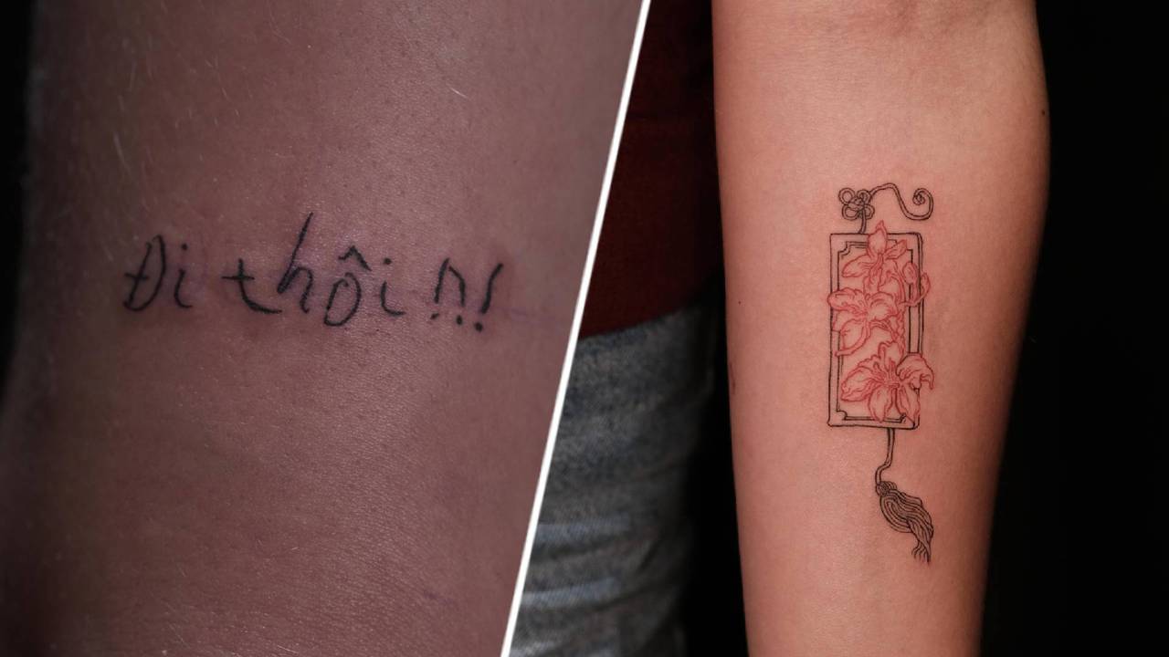 Bram's tattoo: de Vietnamese vertaling van 'Let's go' & Iris haar tattoo: de bloemen die ze overal in Noord-Vietnam zag (eigen foto's).