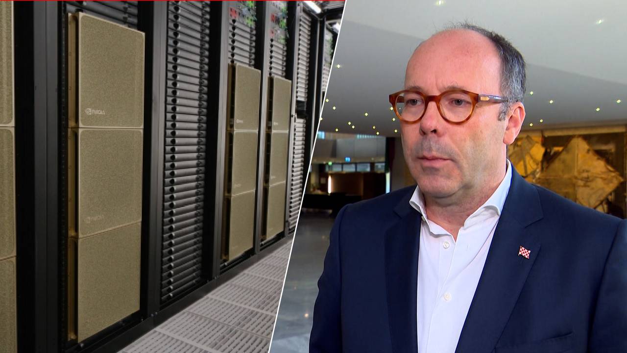 De servers in Finland en gedeputeerde Martijn van Gruijthuijsen (beeld: TU/e en Omroep Brabant).