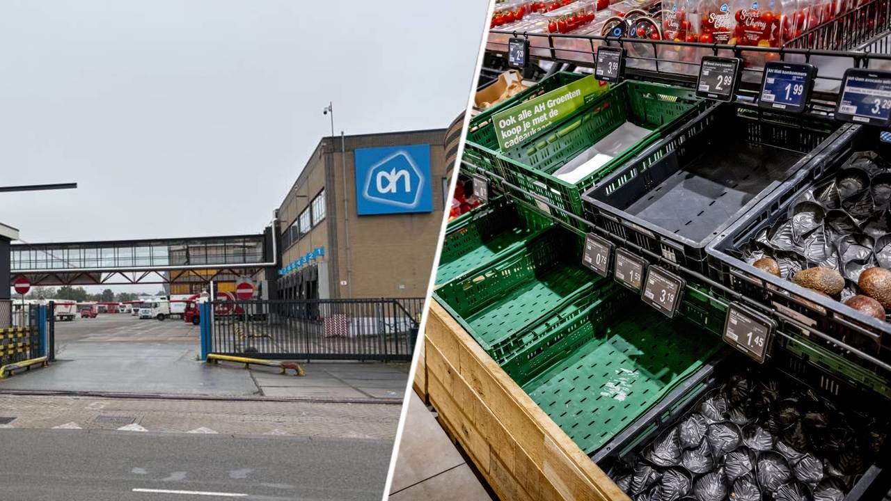 Links het distributiecentrum van Albert Heijn in Tilburg, waar het werk grotendeels stilligt door een cyberincident, rechts lege schappen in een Albert Heijn-supermarkt (foto’s: Omroep Brabant, ANP).