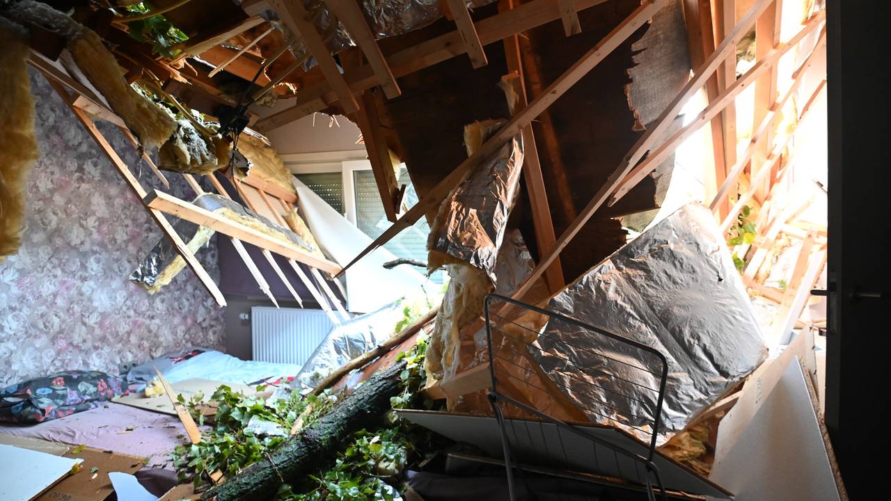 De omgewaaide boom in de kinderkamer van de woonwagen (foto: Perry Roovers / Persbureau Heitink).
