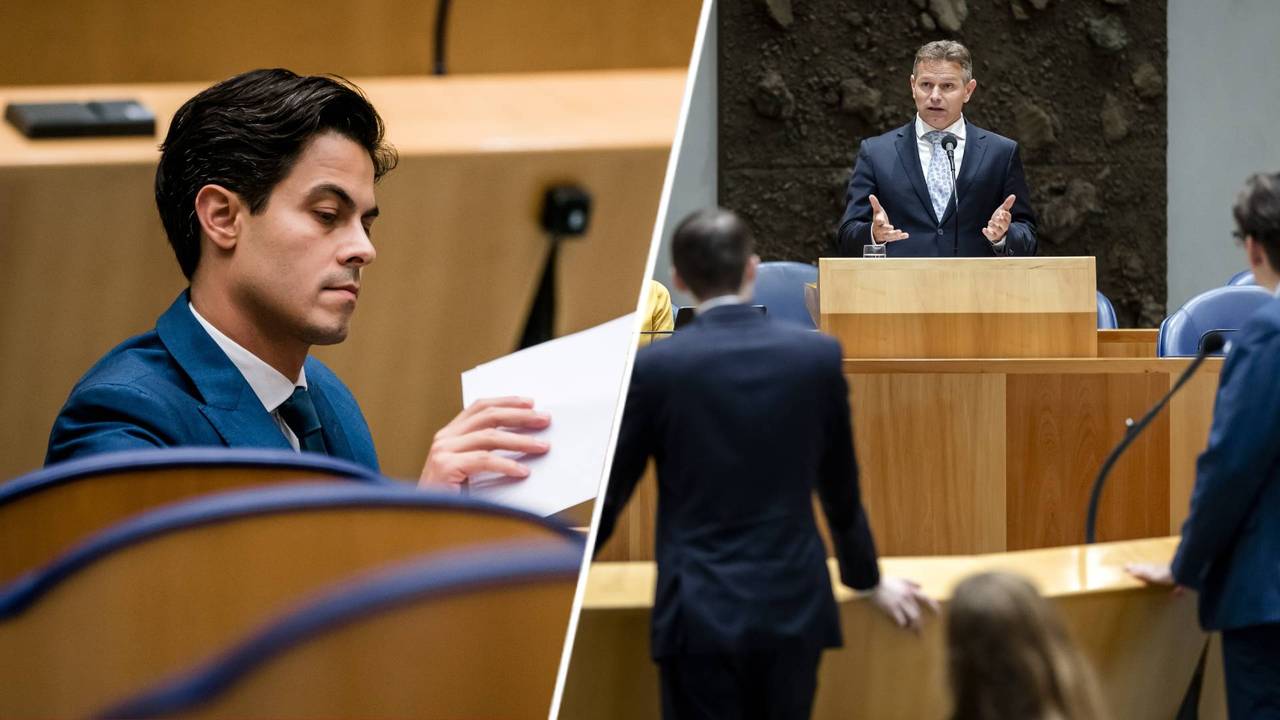 Links: Rob Jetten in de Tweede Kamer. Rechts: Jo-Annes de Bat in een eerder Kamerdebat over de toekomst van het dorp (foto's: Bart Maat/ANP).