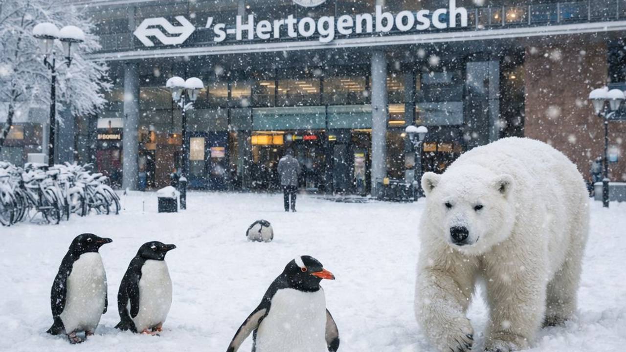 Je ziet het niet vaak, pinguïns en ijsberen bij Station 's-Hertogenbosch (Beeld: Jordy van Lieshout).