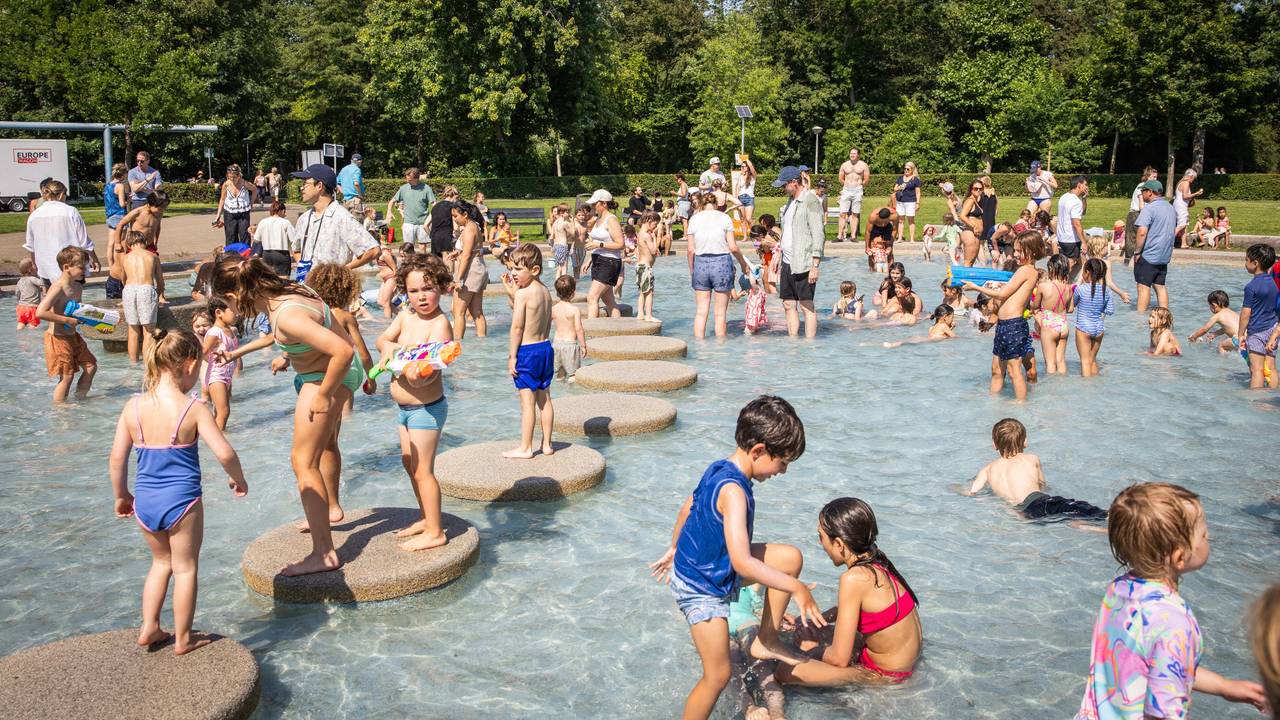 Drukte in het pierenbadje tijdens de warmte (foto: ANP 2026/Dingena Mol).
