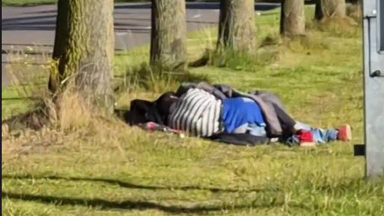 Het duo lag te slapen aan het water in Tilburg (foto: Instagram wijkagenten Tilburg Centrum).
