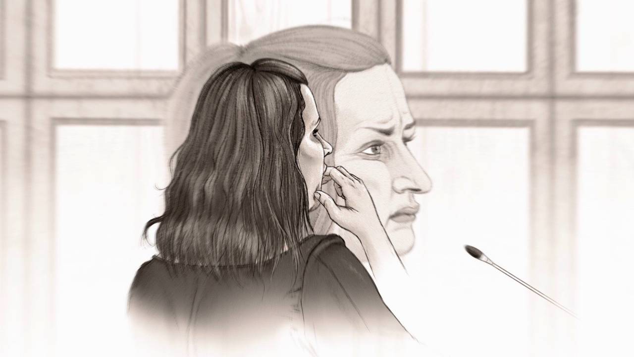 Anne W. in 2023 in de rechtbank.Tekening: Adrien Stanziani