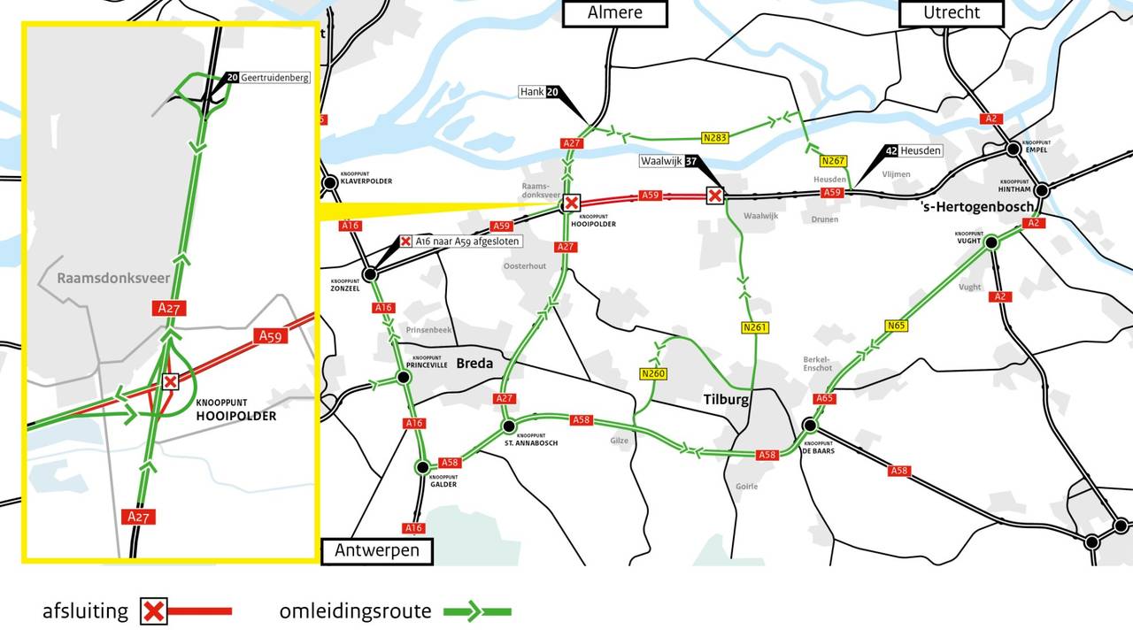 Werkzaamheden en afsluitingen op de A59 dit weekend (foto: Rijkswaterstaat).