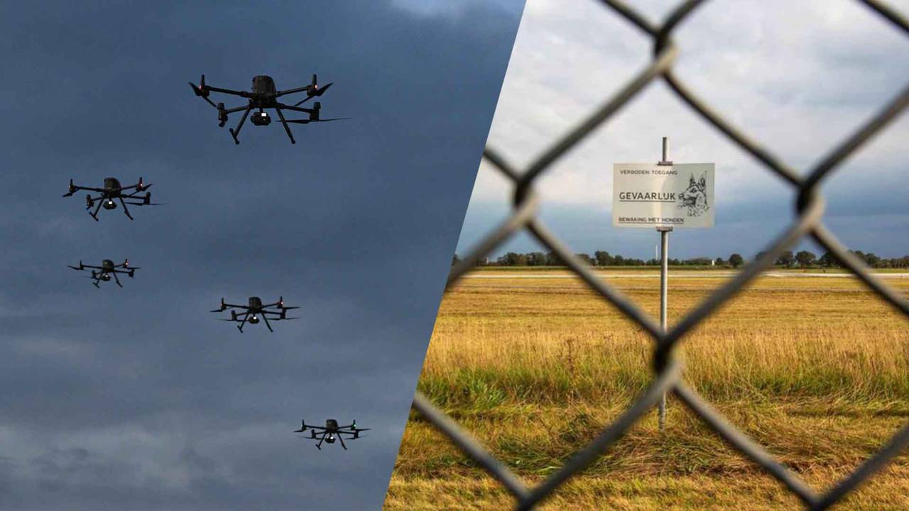 Deze drones (links) zijn niet de drones boven vliegbasis Volkel (rechts) (foto: ANP en Ministerie van Defensie).