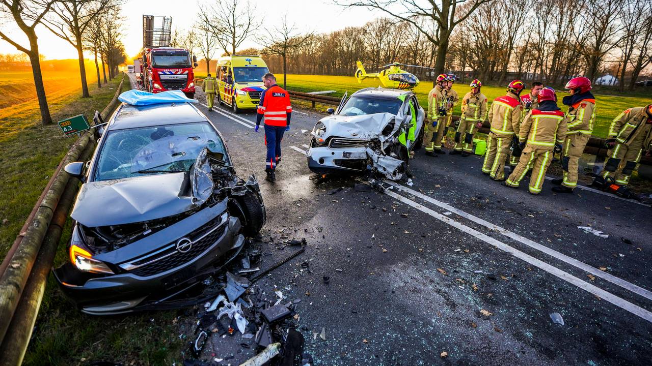 Hond overleden bij frontale botsing tussen twee autos, inzittenden gewond.