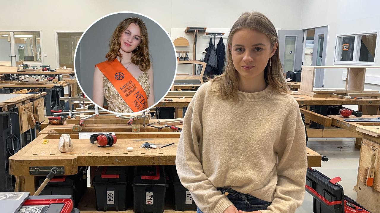 De twee werelden van Eline: rechts als meubelmaker in opleiding, links als kandidaat Miss World (foto: Tom van den Oetelaar, insert: Wim van Wel).