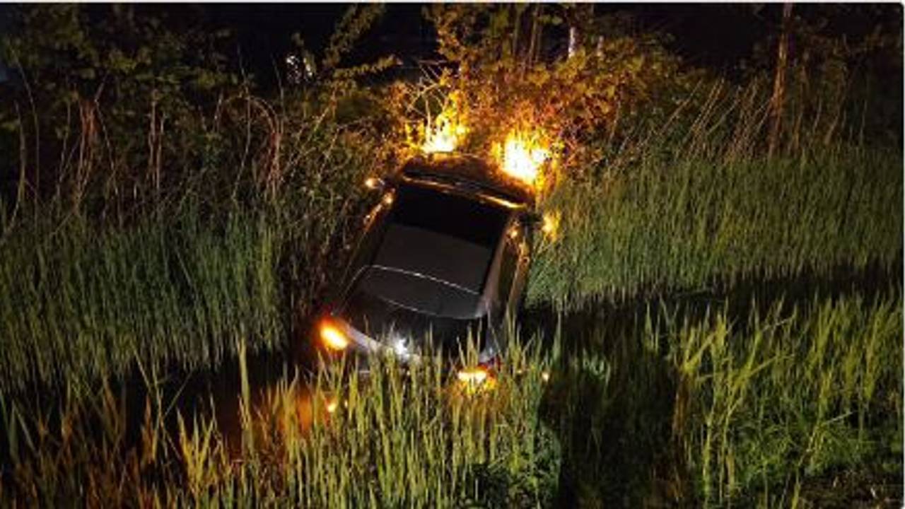 De auto belandde in het water naast de Professor Asserweg in Waalwijk (foto: Instagram jeugdagenten Langstraat).