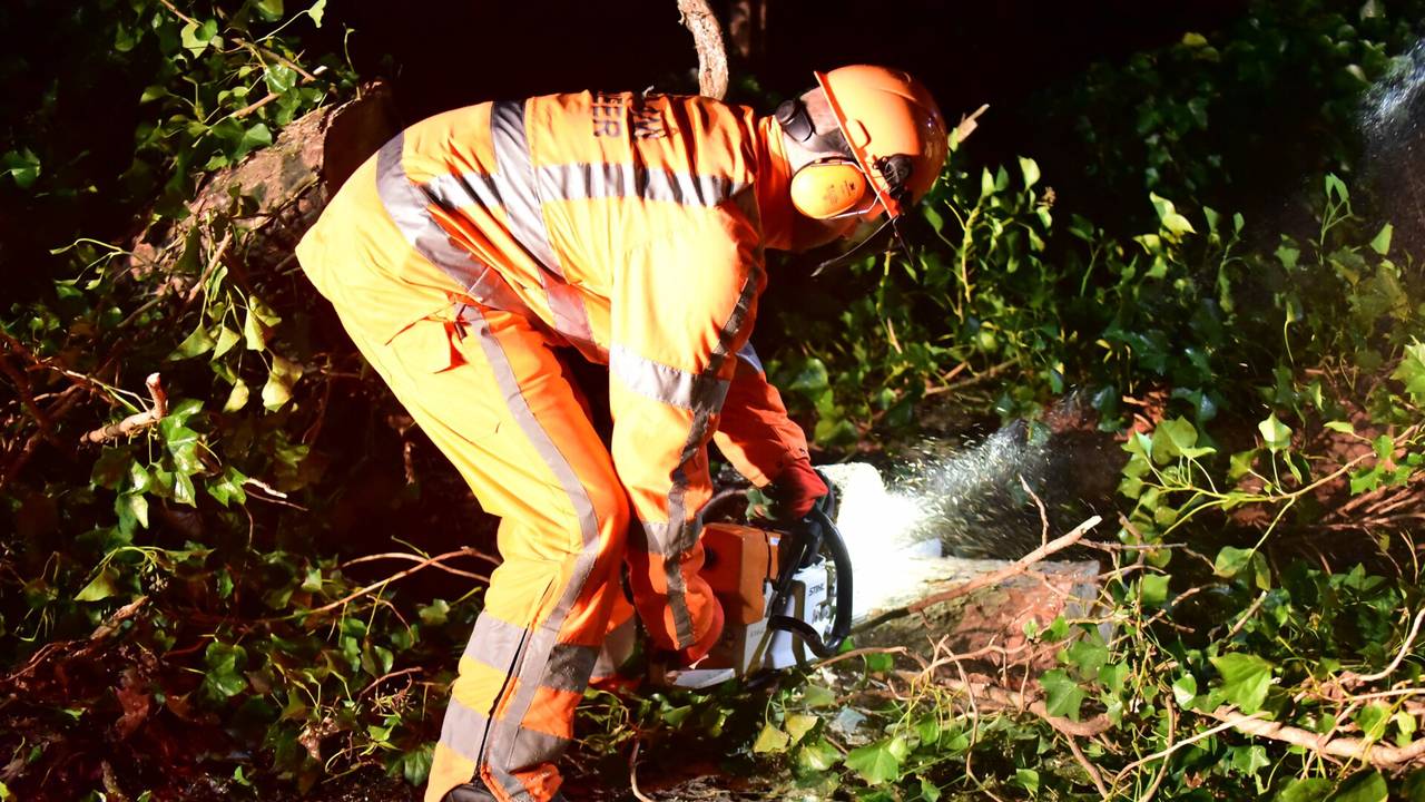 De brandweer zaagde de omgevallen boom op de Rakerstraat in Maarheeze in stukken (foto: Johan Bloemers/SQ Vision).