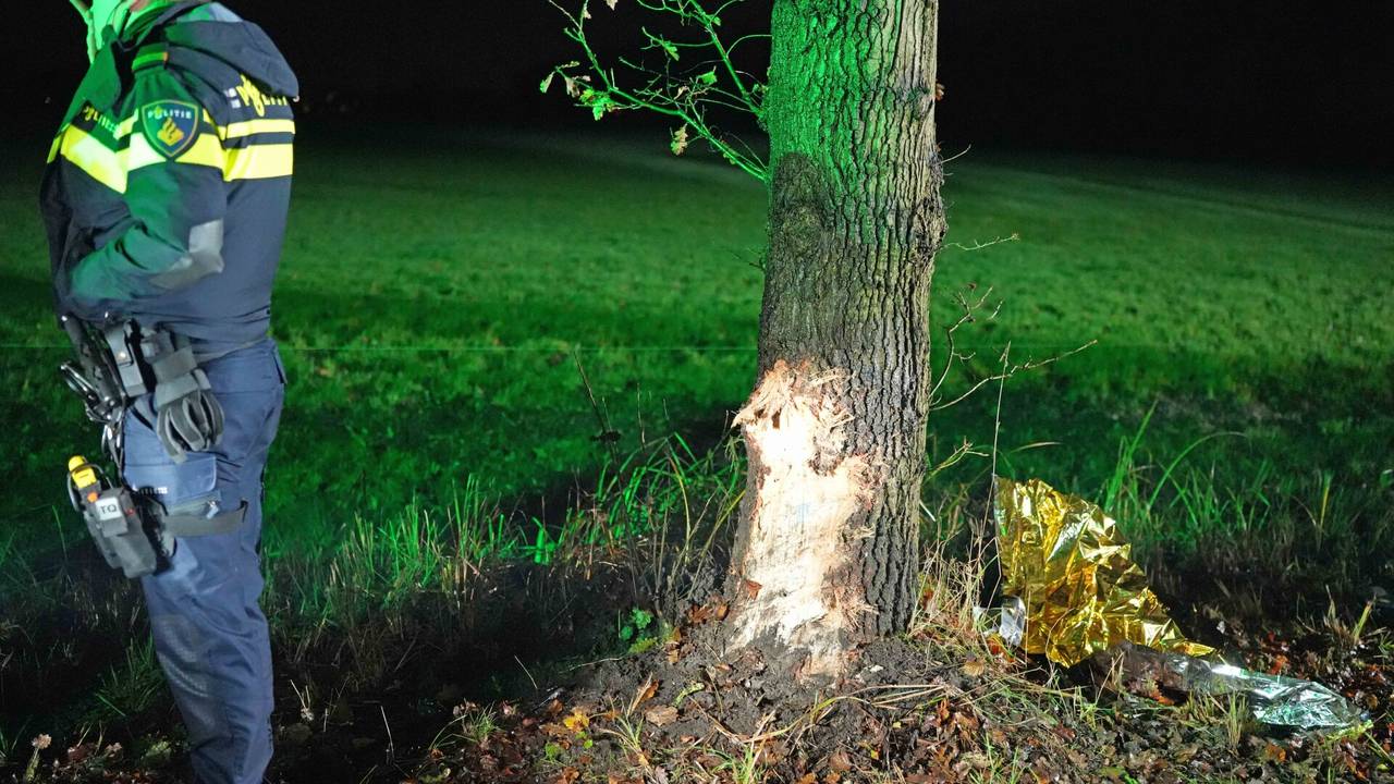 De auto raakte een boom naast de Eerste Wittedijk (foto: Erik Haverhals/SQ Vision).