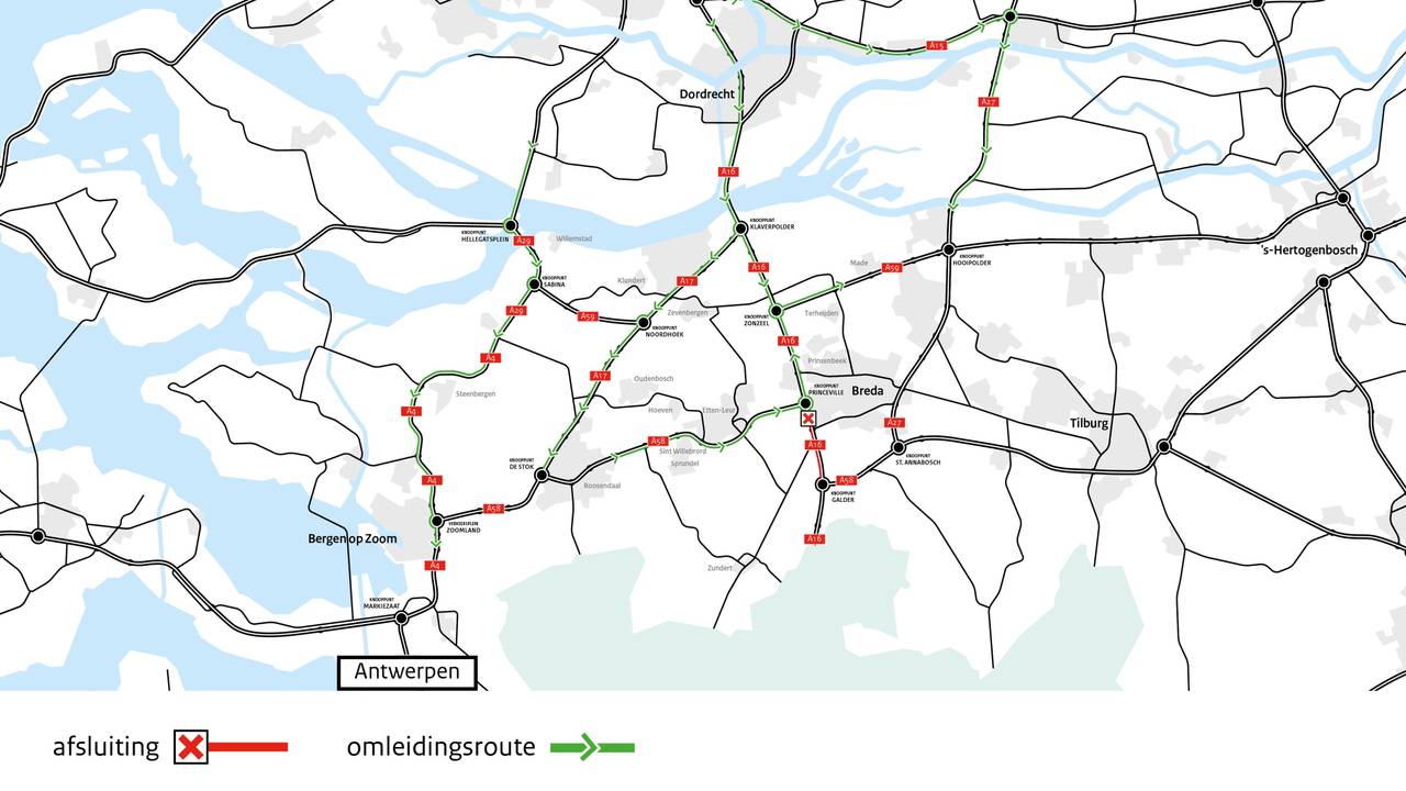 Het kaartje met de gevolgen van de afsluiting van een deel van de A16. (Rijkswaterstaat)