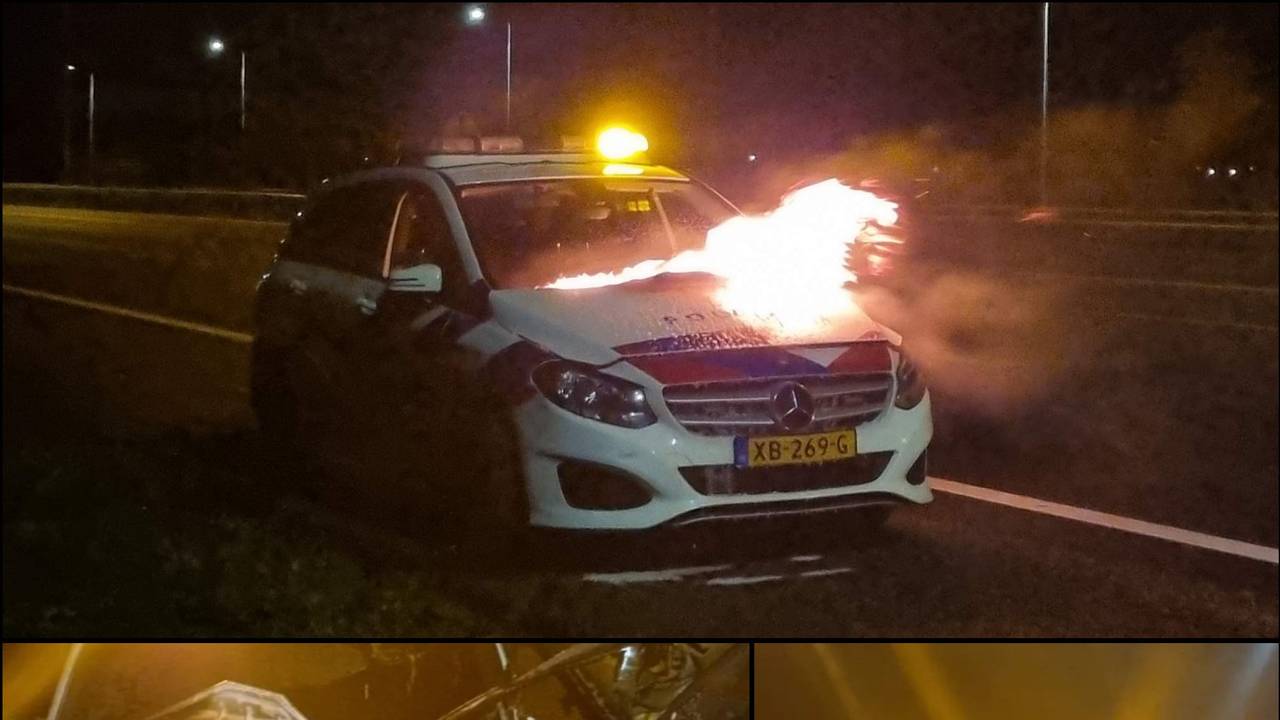 De politieauto vatte onderweg naar een melding vlam (foto: Twitter politie basisteam Weerijs).
