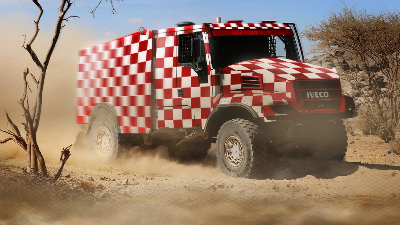 Een rood-wit geblokte truck als prototype voor Team Brabant in Dakar Rally