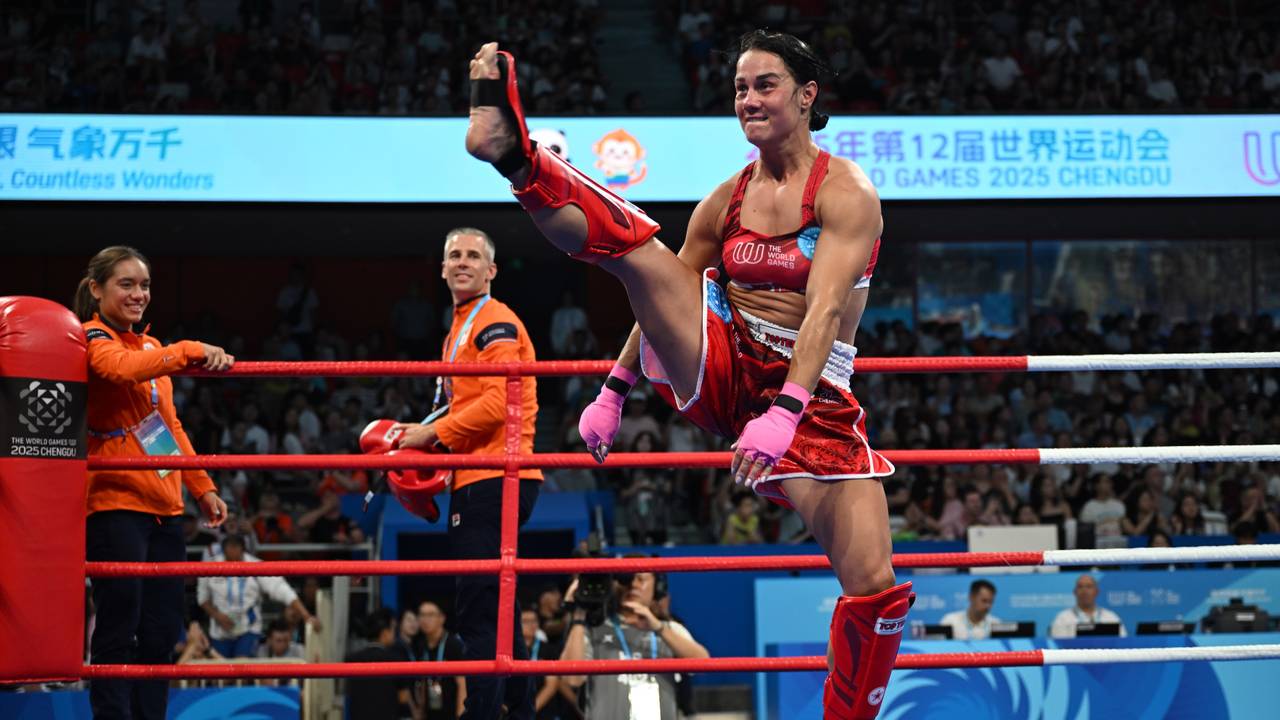 Valence Bickel pakte goud op The World Games (foto: ANP, Xinhua News Agency).