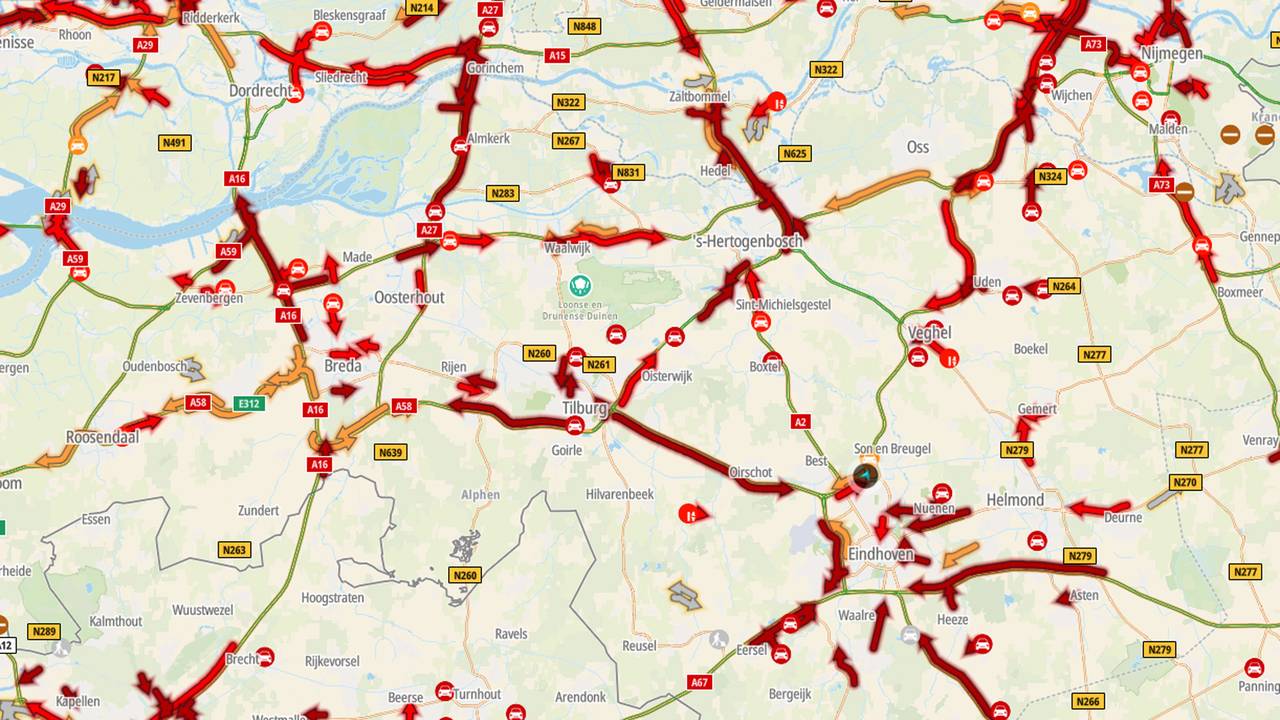 Beeld TomTom: de situatie rond acht uur vanochtend. 