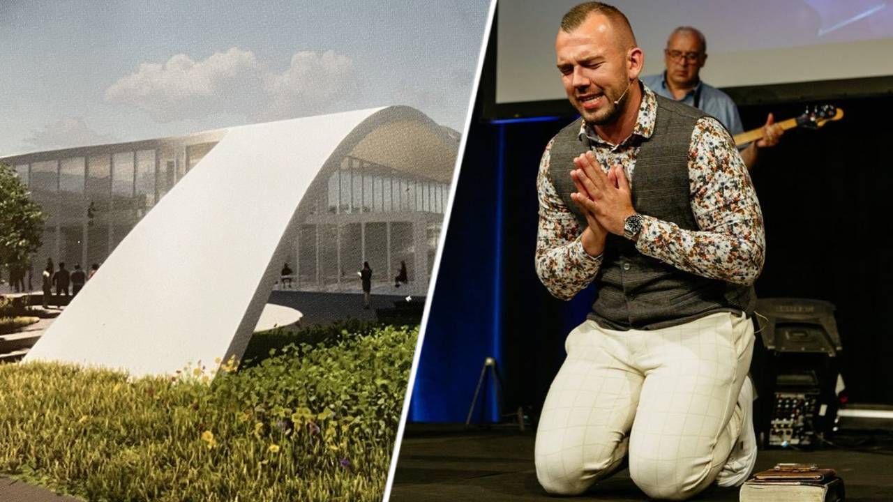 Links het ontwerp van de nieuwbouw, voorlopig dus van de baan. (Foto: Frontrunners Ministries).