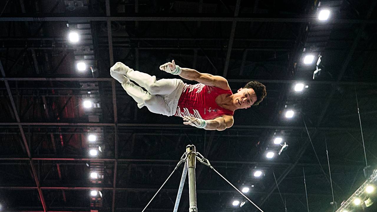 Jermain Grünberg tijdens het NK turnen. (Foto: Rob Pauel/Orange Pictures)