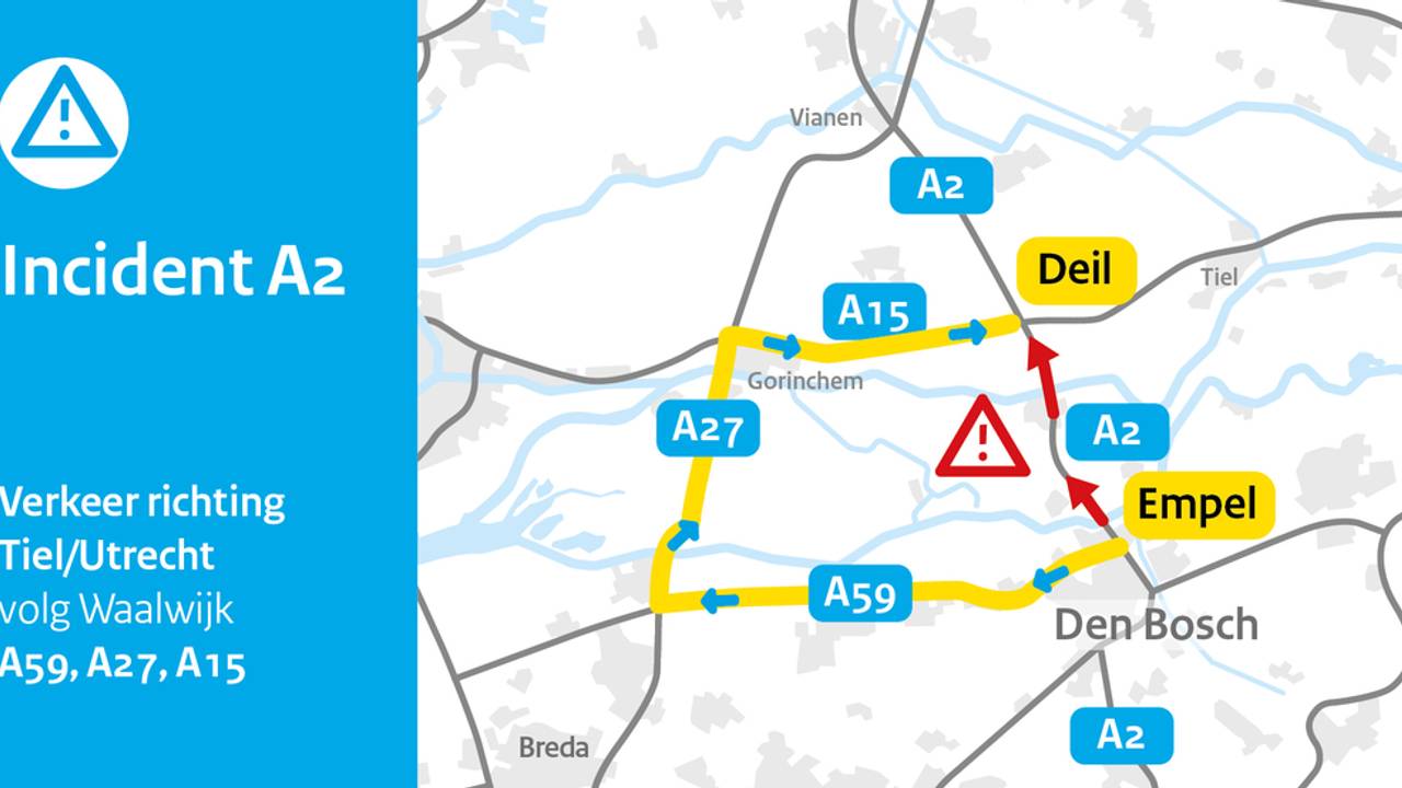 A2 blijft lang dicht door ongeluk, meer dan twee uur vertraging