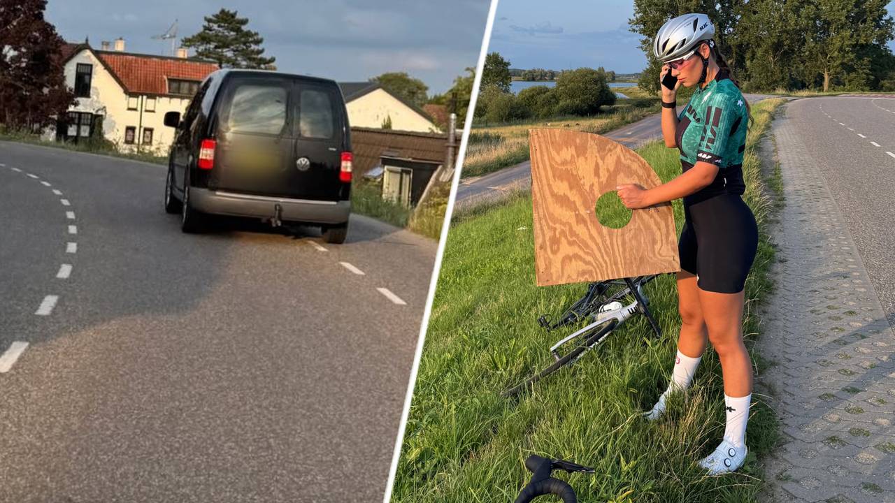 De auto van waaruit het hout werd gegooid (l) en Puck Moonen met het stuk hout (r). Foto's: Puck Moonen / Instagram