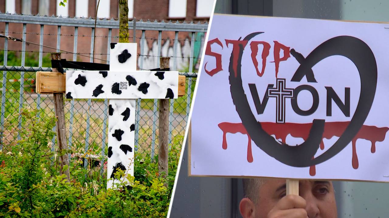 Het gedenkteken dat verdwenen is (links), rechts een demonstrant.