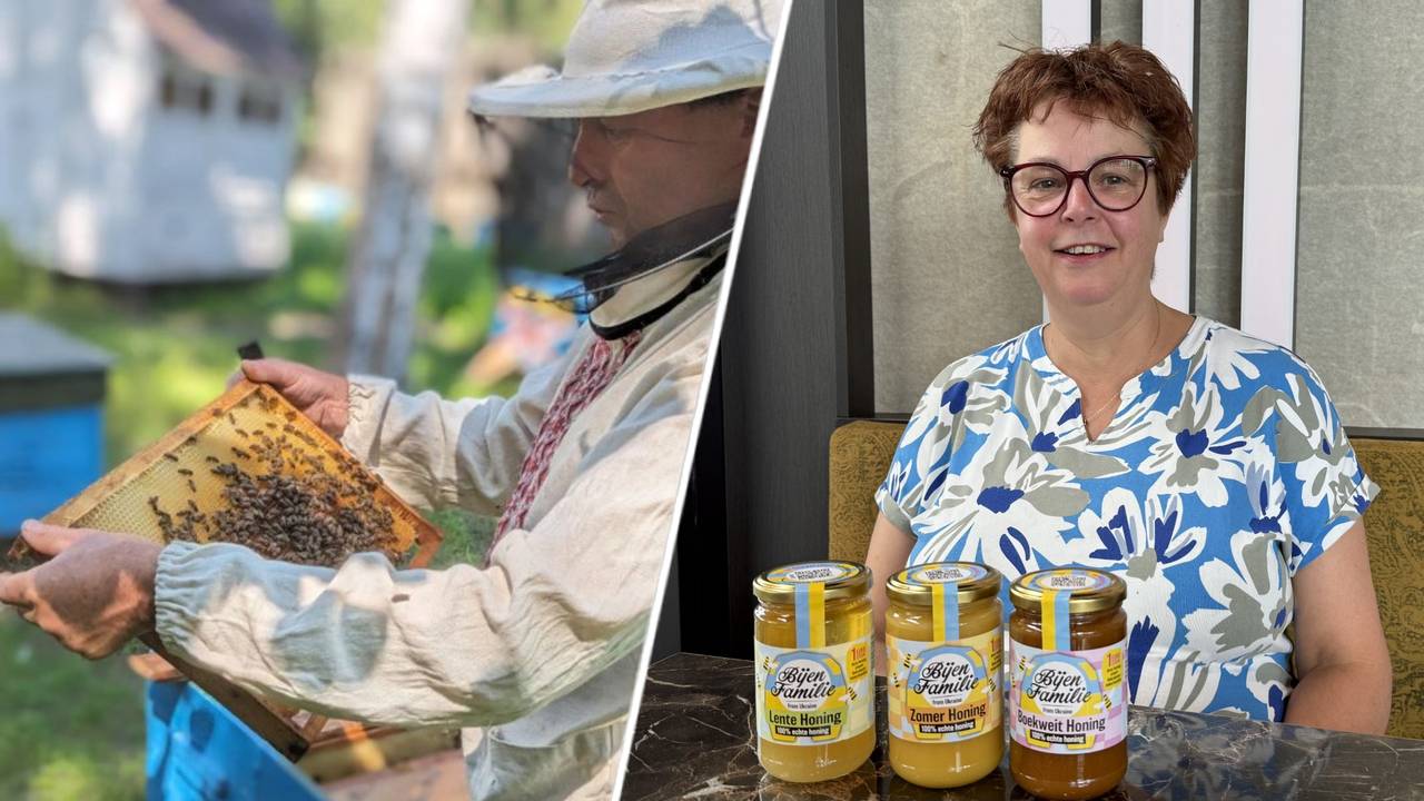 Monique verkoopt Oekraïense honing om imkers in oorlog te helpen (foto: bijenfamilie.nl/ Megan Hanegraaf).