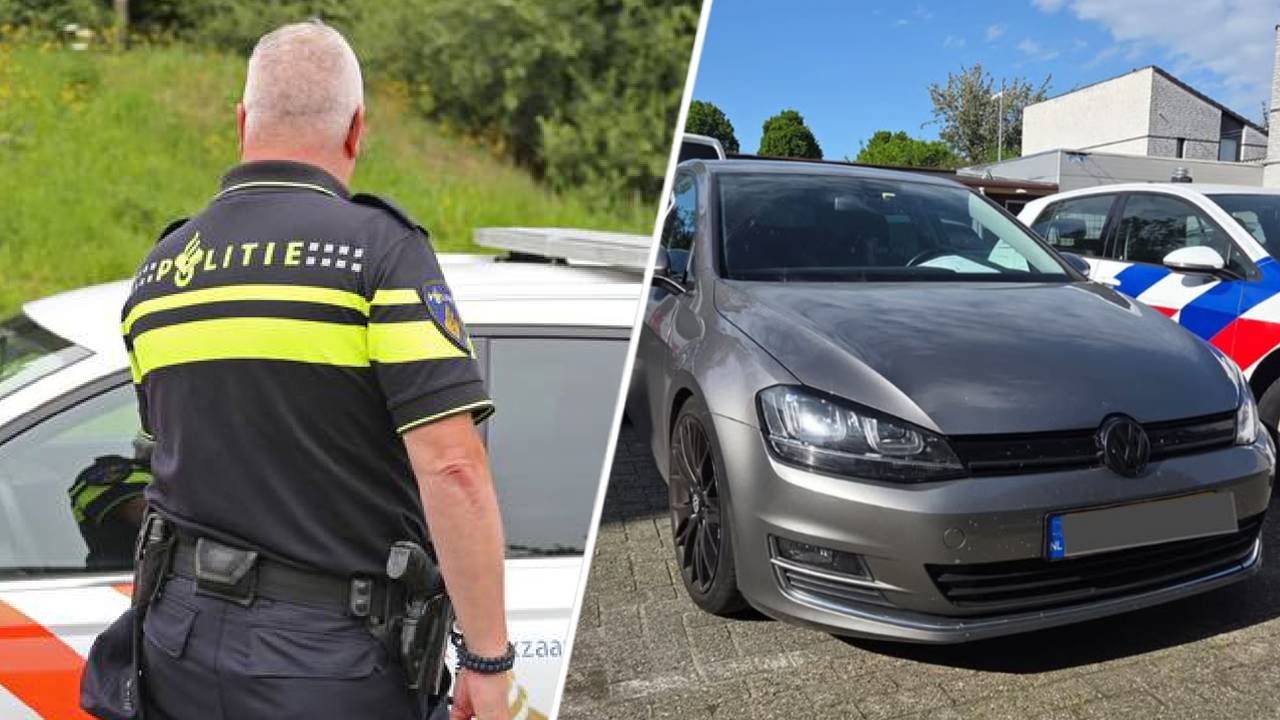 De Volkswagen waarin de man reed (foto rechts: Instagram / Verkeerspolitie Oost-Brabant).