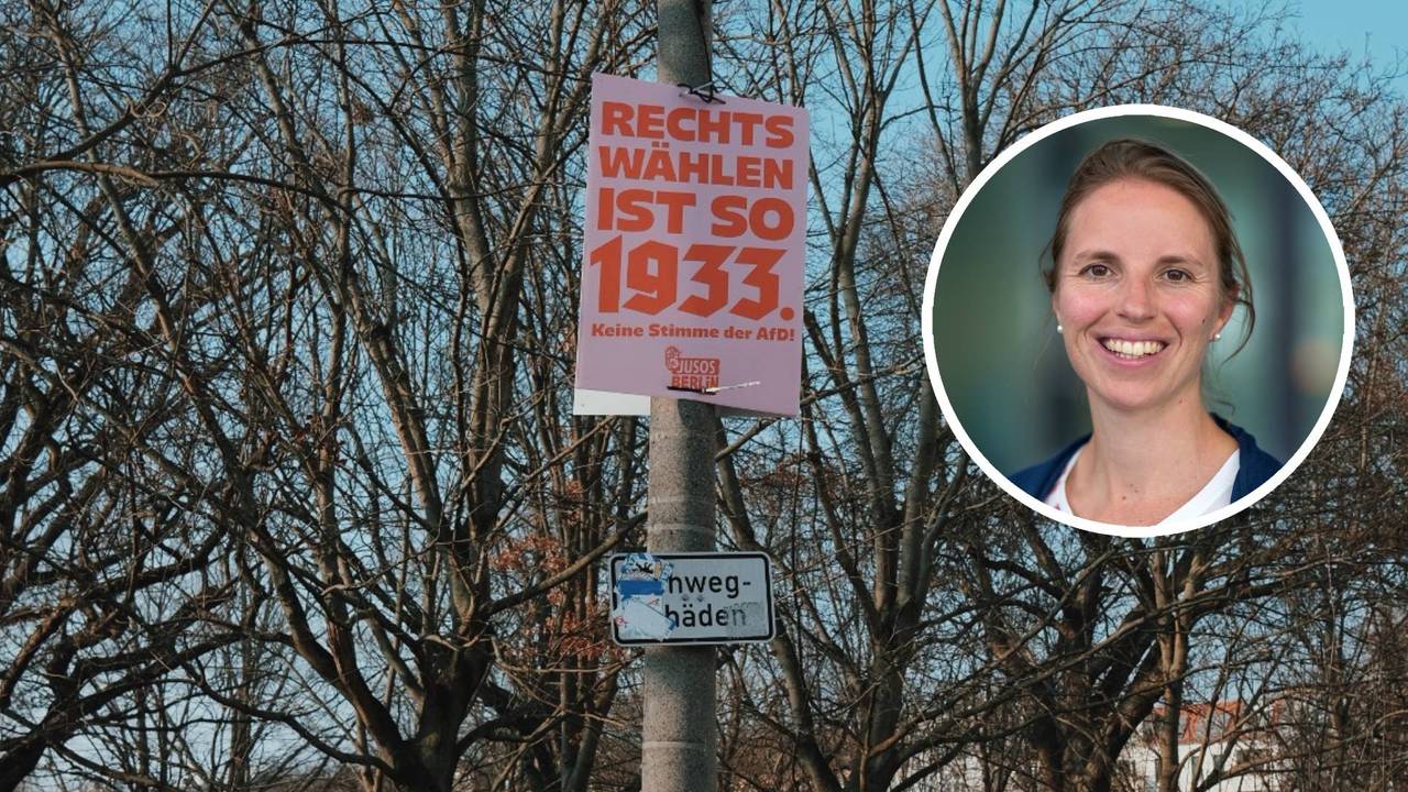 Een verkiezingsbordje in Berlijn en een foto van Nadia (Foto: Carlijn Kösters/Angeline Swinkels).