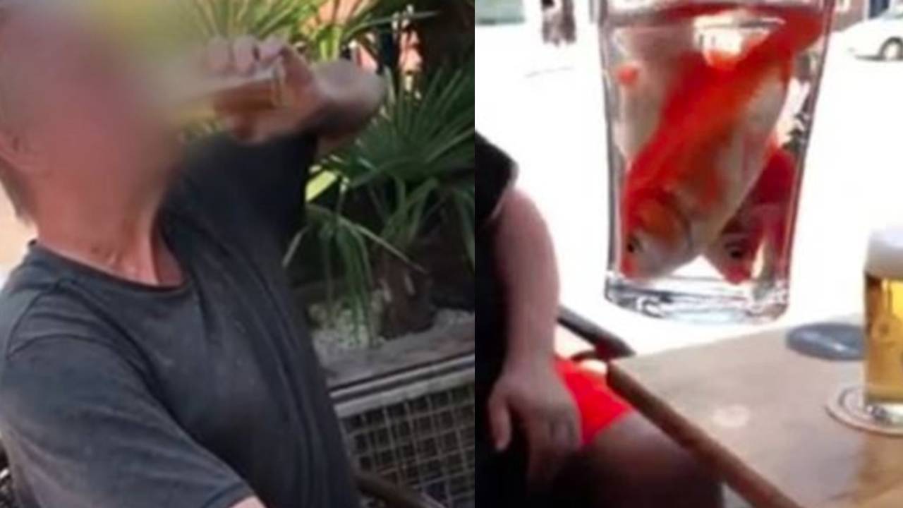 De man slaat een drankje met twee visser achterover. (Foto's: Dumpert& Eigen foto)