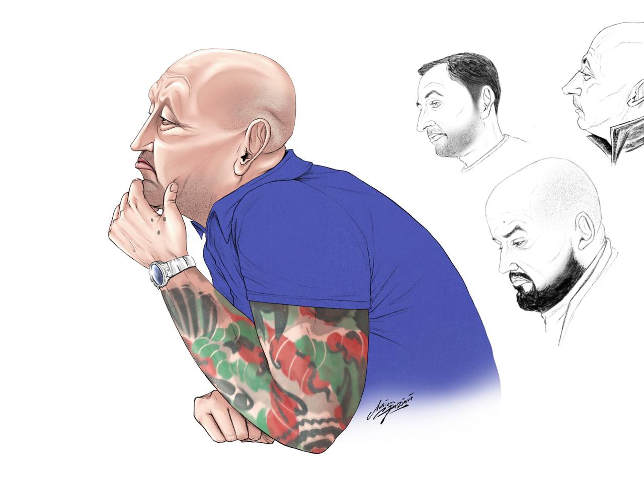 Martien R. en drie medeverdachten op een van de zittingsdagen in Den Bosch (tekening: Adrien Stanziani) 