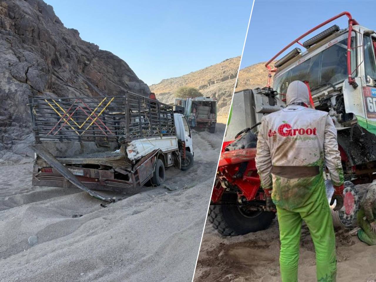 Ben de Groot kijkt naar zijn truck, links de wagen van de lokale