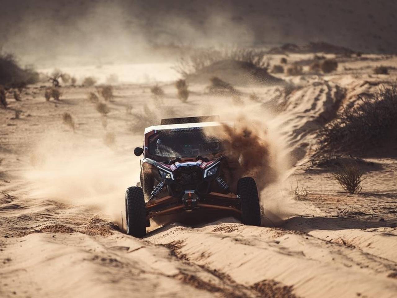 De buggy van Kees Koolen en Jurgen van den Goorbergh in 2010 tijdens de Hail Baja in Saoedi-Arabië.